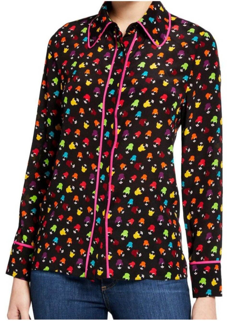 Alice + Olivia Alfie Stace Face Silk Blouse Top Black Dots Rainbow Piping S